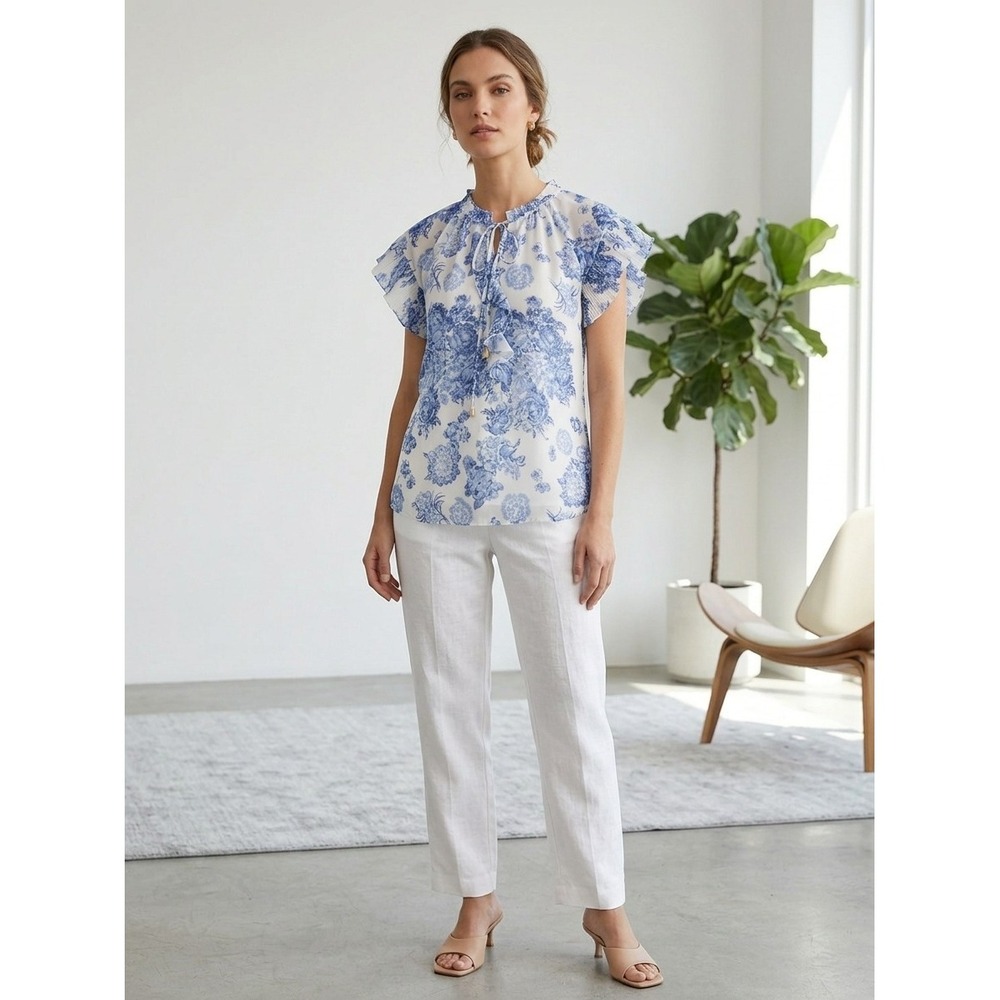 Philosophy Anthropologie Womens Small Blue White Short Sleeve Blouse Top Floral